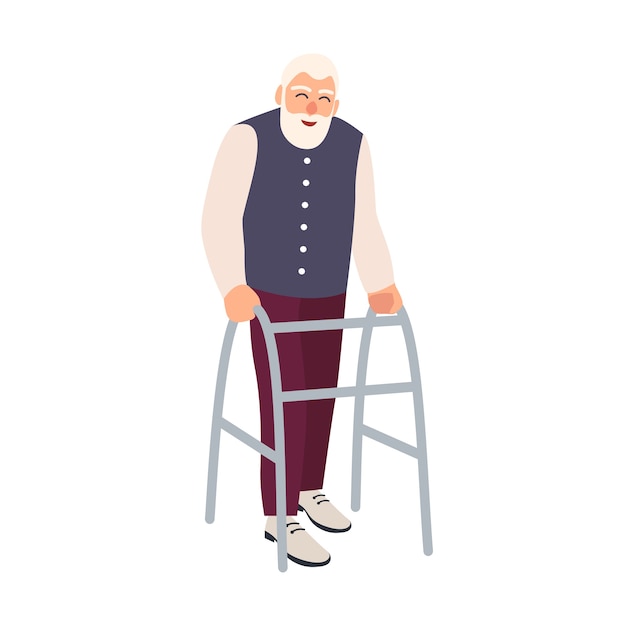 Blije oudere man met looprek of rollator geïsoleerd. Oude, bebaarde mannelijke personage met een lichamelijke handicap of handicap