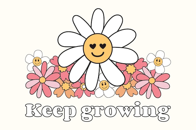 Blijf groeien Slogan Print met groovy bloemen 70's Groovy Themed Handgetekende abstracte sticker