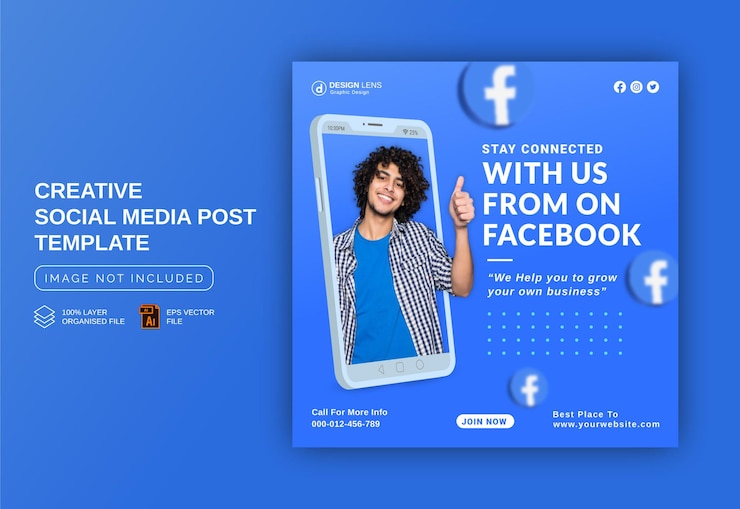 Vector blijf in contact met ons op facebook om uw zakelijke berichtsjabloon voor sociale media te laten groeien