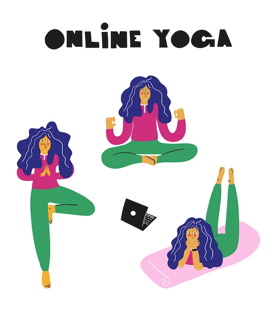 Blijf thuis concept Hand getekende illustratie Online yoga set