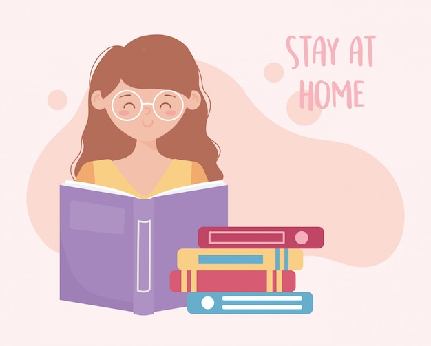 Blijf thuis, jonge vrouw met stapelboeken
