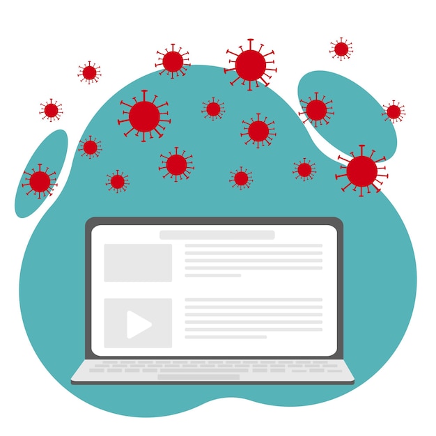 Vector blijf thuis tijdens de uitbraak van het coronavirus. thuis werken en rusten tijdens isolatie. laptop met een website. platte vectorillustratie