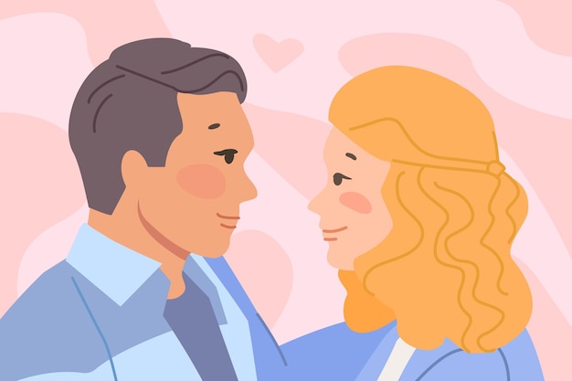 Blik van paar liefhebbers Geamuseerde vrouw en man voor zoete kus romantisch plezier liefde paar partners vectorillustratie