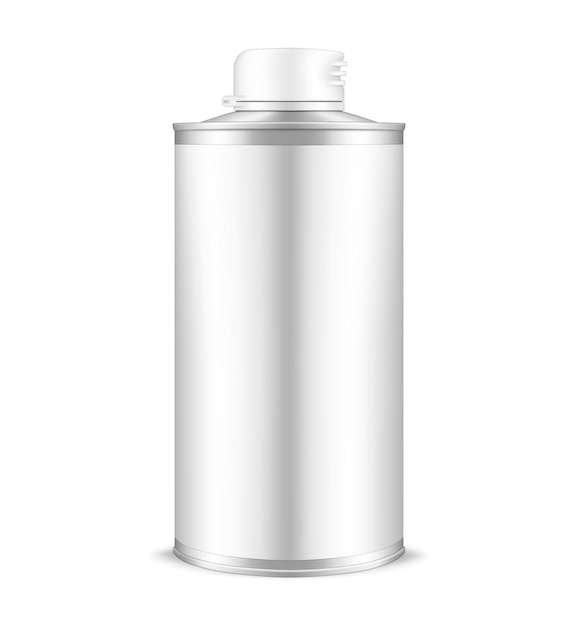 Blikje met plastic dop en mockup met blanco label Metalen cilindrische fles voor mockup met vloeibaar product
