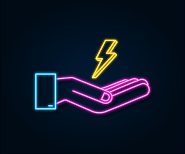 Bliksem neon bout in handen. Thunderbolt, expertise in blikseminslag. Vector illustratie.