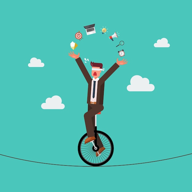 Blind businessman riding unicycle on a wire