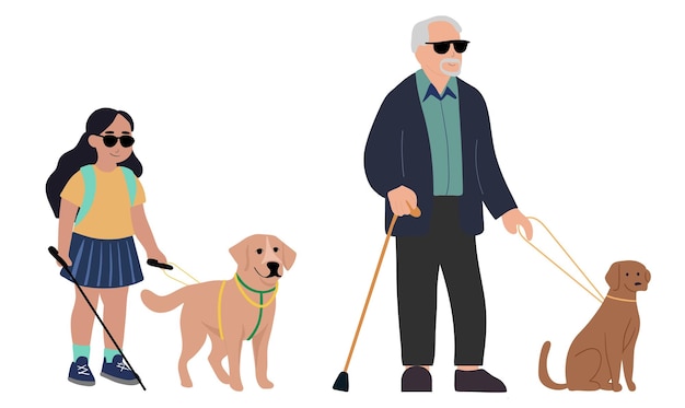Blind klein meisje en oude man met hun gidshond lopen buiten