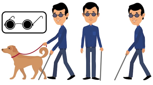 Vector blind man with guide dog flat illustration