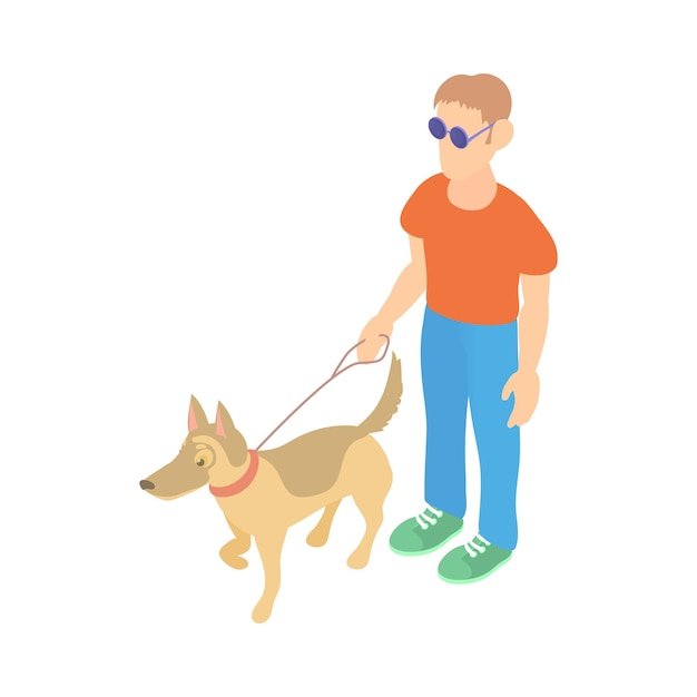 Слепой человек с иконой собаки-поводыря в мультяшном стиле на белом фоне