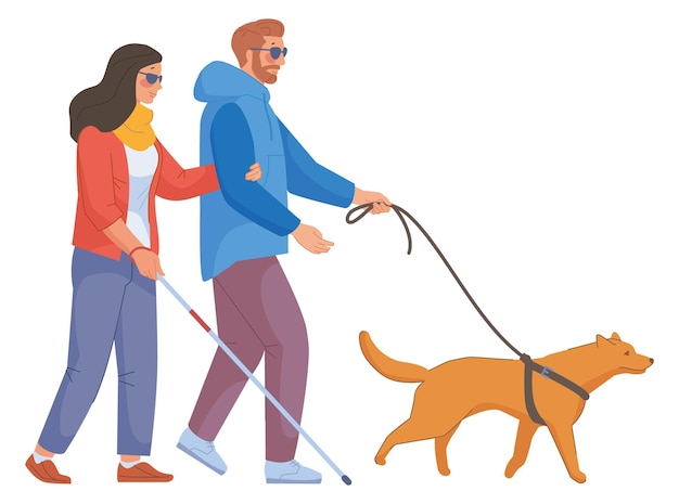 Blind man and woman walking with trained dog