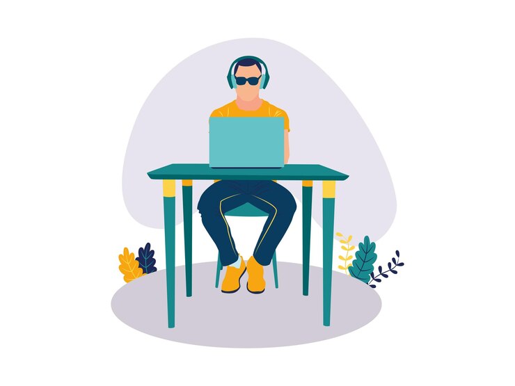 Vector blind man working with laptop