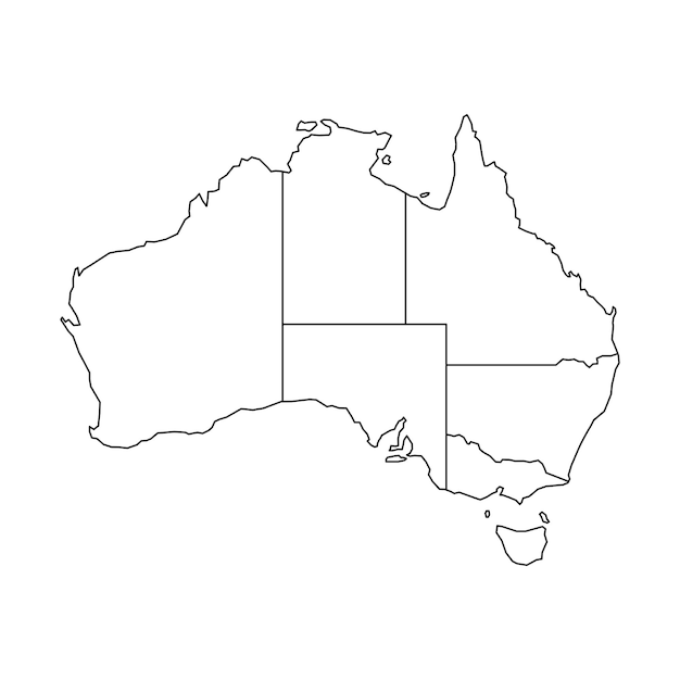 Blind map of Australia divided into states and territories White flat map with black borders