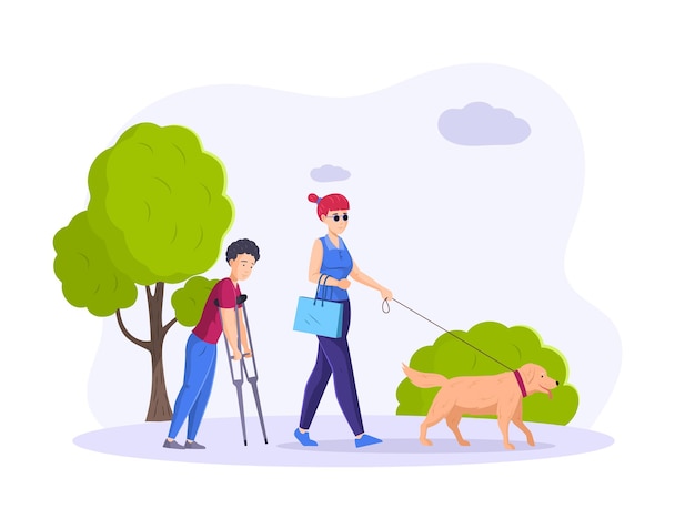 盲導犬と松葉杖で障害者の盲目の女性が公園を歩く