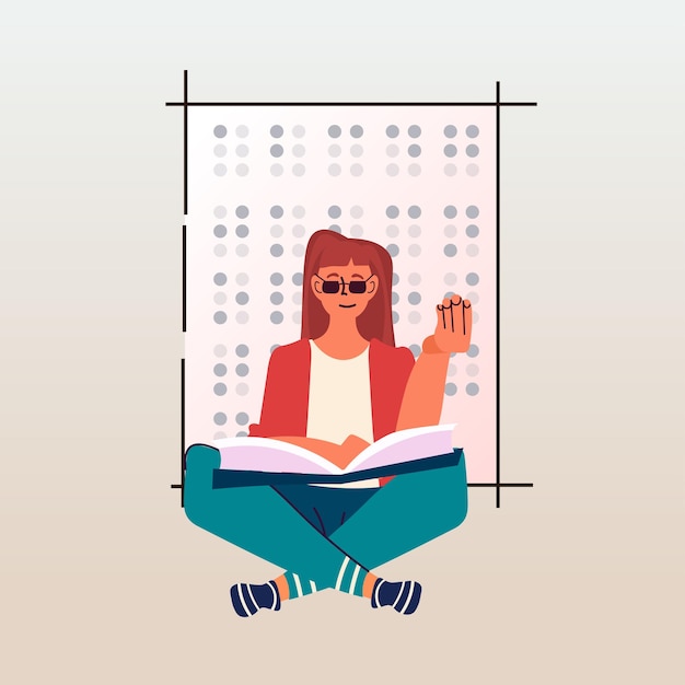 Vector blind woman reading with braille alphabet people with disabilities concept full length vector illustration