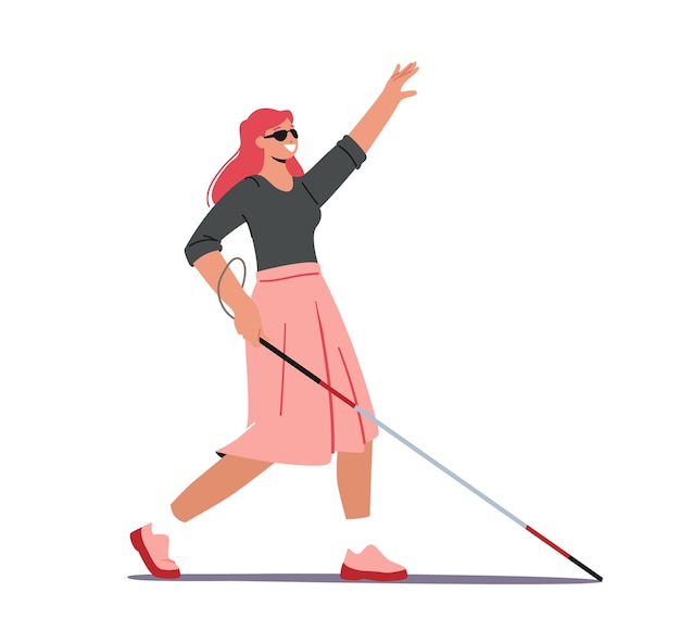 Blind woman with cane and sunglasses walking along street