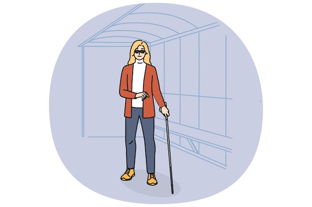 Vector blind woman with cane wait on bus stop