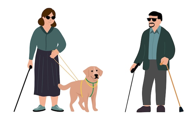 Blinde man en blinde vrouw met haar gidshond die buiten lopen