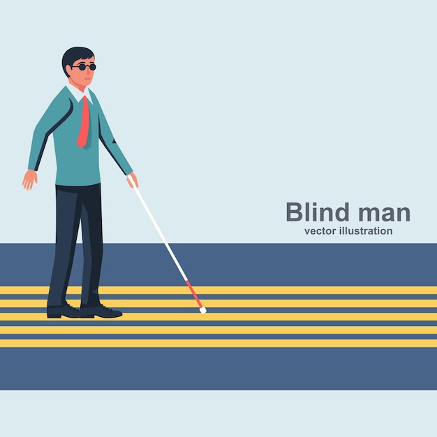 Blinde man met een witte stok die door de straat loopt Vector illustratie plat ontwerp Geïsoleerd op witte achtergrond Speciale stoep voor gehandicapten Weg met gele tips