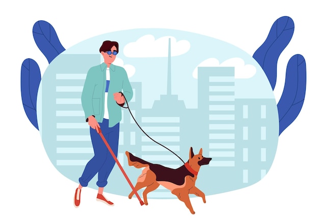 Blinde man met hond jonge man met puppy aan de leiband persoon met een handicap wandelen in de stad begeleiden