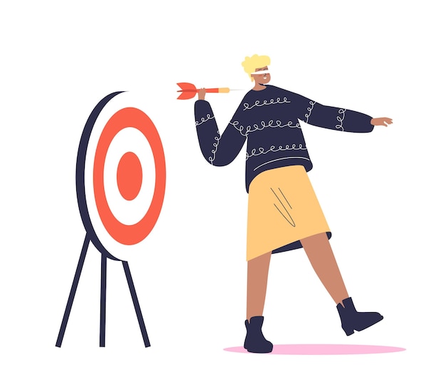 Blindfold woman holding arrow and looking to target in wrong direction. wrong decision concept. cartoon female character with folded eyes.