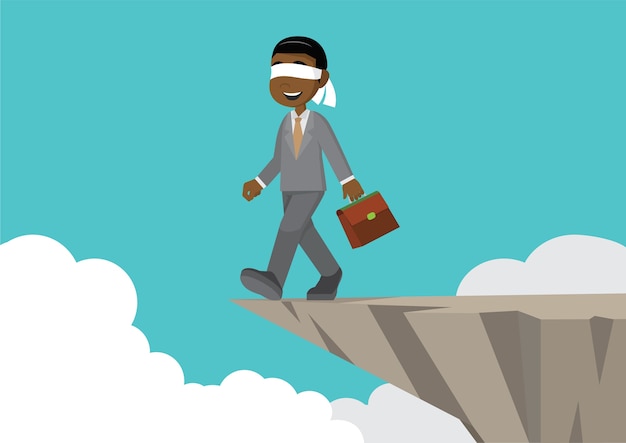 Vector blindfolded african businessman walk to the cliff.