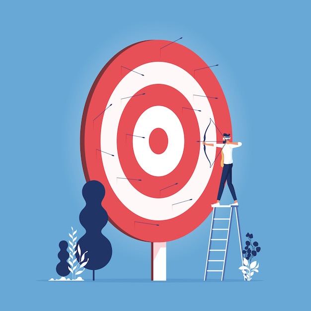 Blindfolded businessman shooting arrow-Missed the target