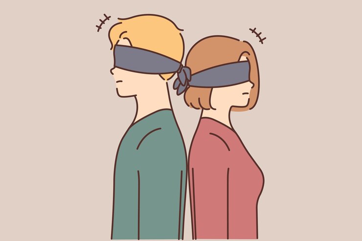 Vector 눈을 가린 부부가 등을 맞대고 서 있다