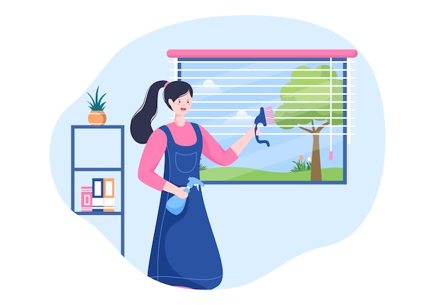 ベクトル クリーニングツールまたは家の内部を使用したブラインドサービスウィンドウとカーテンの処理の図