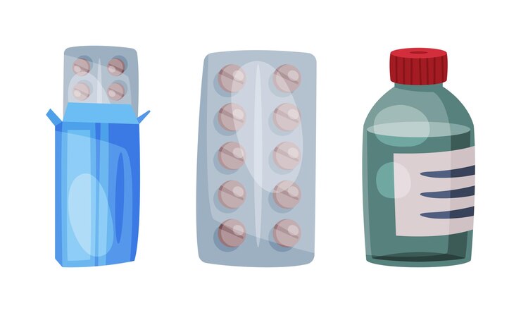 Vector blister pack with pills and medication in bottle vector set
