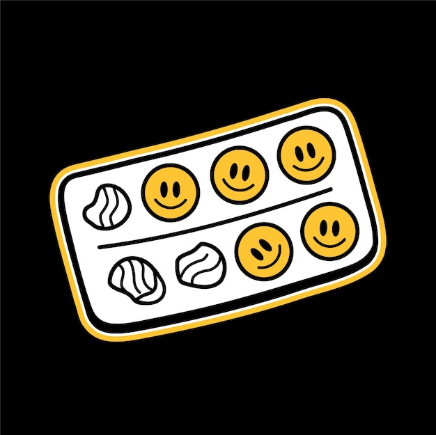 Vector blister with smile face tablets tshirt printvector cartoon graphic illustration logo design smile face pills in blisterantidepressantlsd acid print for postertshirtlogo concept