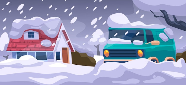 Метель укрывает сельский пейзаж с домом и машиной в беспощадной белой тьме, природа превращает безмятежные поля в замороженный пустынный мир снега и льда, векторная иллюстрация мультфильма