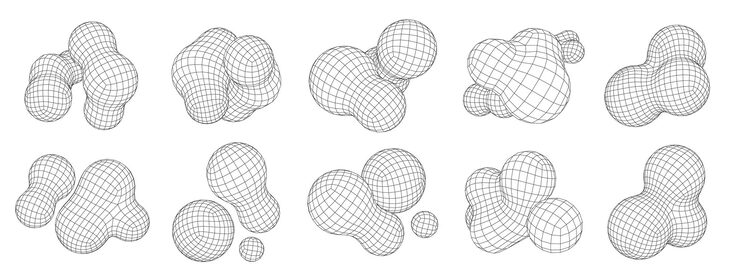 Vector blob 3d wireframe shapes polygonal organic objects fluid digital sphere clusters mesh forms and futuristic abstract molecular structures geometric blobs vector set with editable stroke path