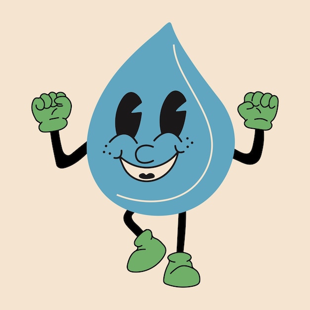 Blob of water 30s cartoon mascot character 40s, 50s, 60s old animation style.