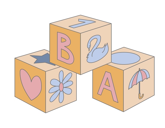 Block baby wooden Toy for building Childish Cubes in cute pastel blue and pink colors for boy or girl Vector illustration of kid bricks with letters