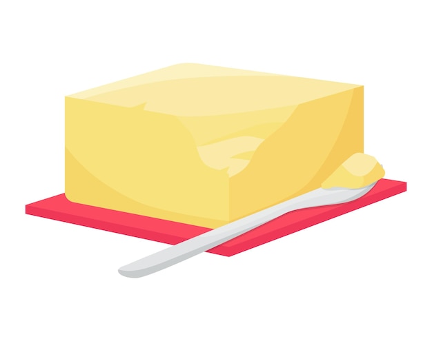 Block of butter on a red dish with butter knife yellow stick of butter with a small piece cut off on