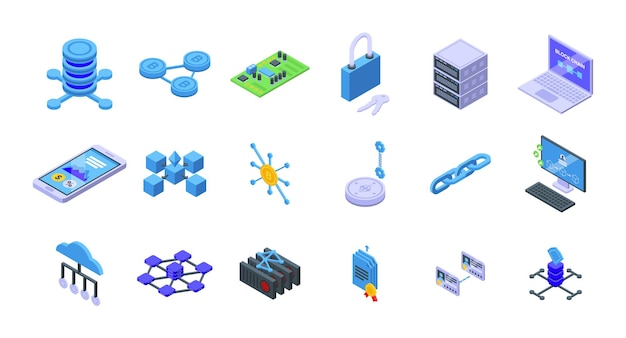 Block chain icons set. isometric set of block chain vector icons for web design isolated on white background