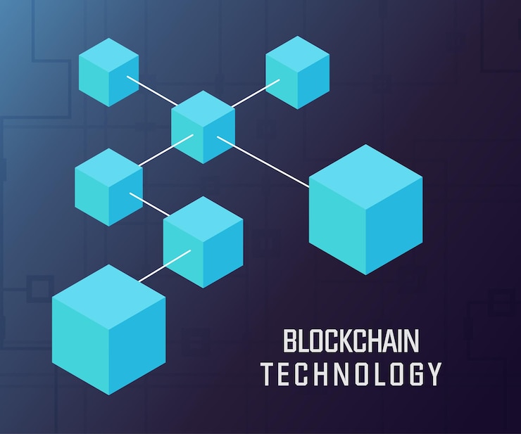 Vector block chain vector concept blue linear icon cryptocurrency abstract creative sign in outline style on dark background