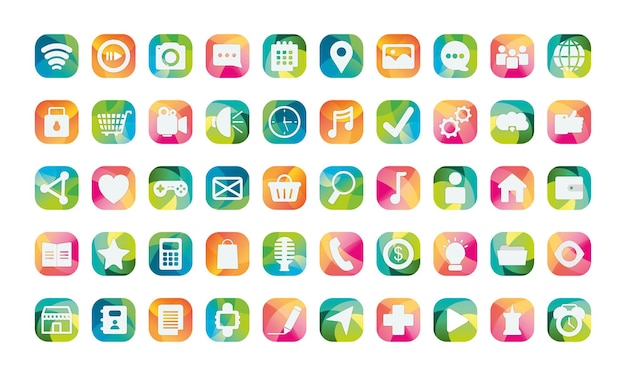 block flat style icon set, social media apps multimedia.