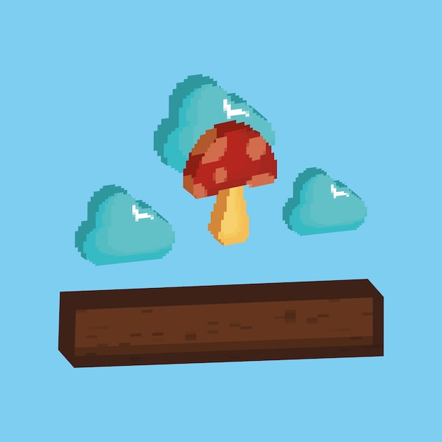 Vector block of soil and pixelated mushroom and clouds