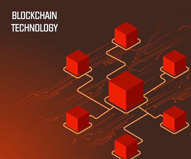 Blockchain background Isometric digital blocks connected circuits forming a crypto chain