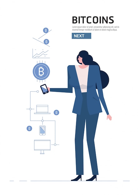 Blockchain and bitcoin concept. woman hand holding modern smart phone