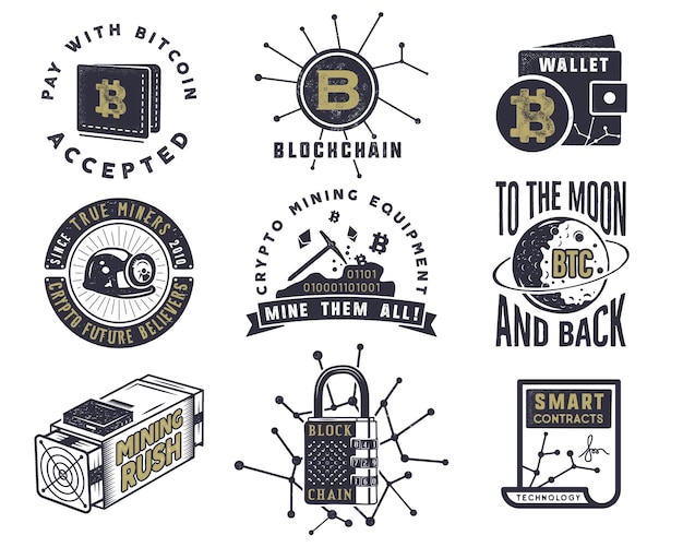 Blockchain, bitcoin, crypto currencies emblems and concepts set . digital assets logos. vintage han drawn monochrome design. technology badges. stock vector illustration isolated on white background.