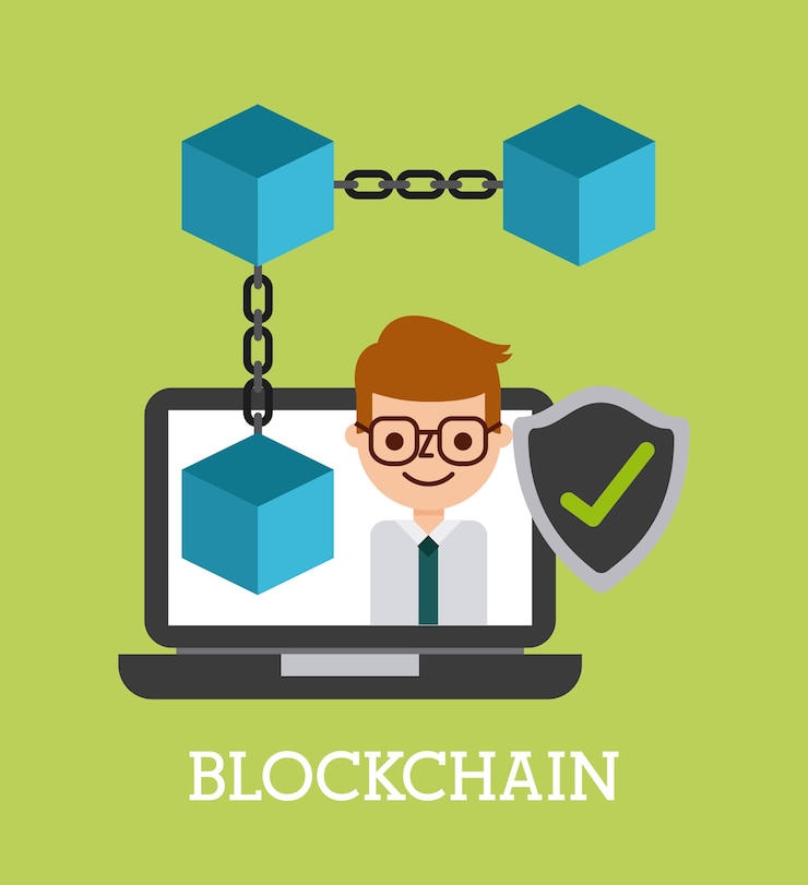 Vector blockchain businessman shield protection virtual