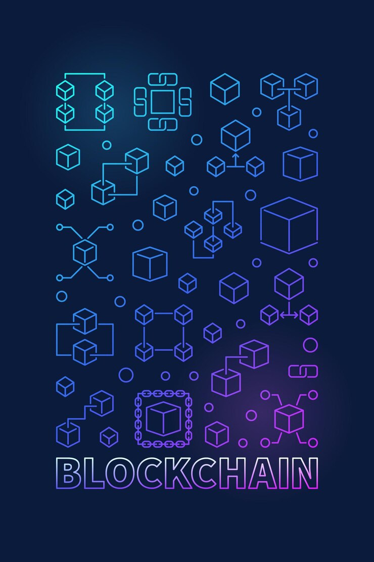 Vector blockchain colored vertical poster or illustration in outline style