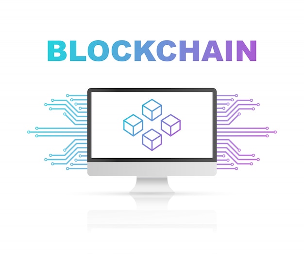 Blockchain on computer screen, connected cubes on the display. symbol of database, data center, cryptocurrency and blockchain