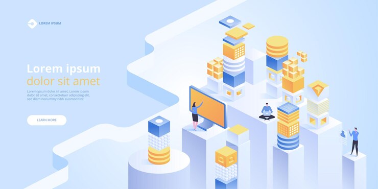 Vector blockchain 개념 배너입니다. 아이소 메트릭 디지털 블록 연결