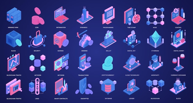 Blockchain crypto currency isometric concept icons set d mining farm database digital wallet