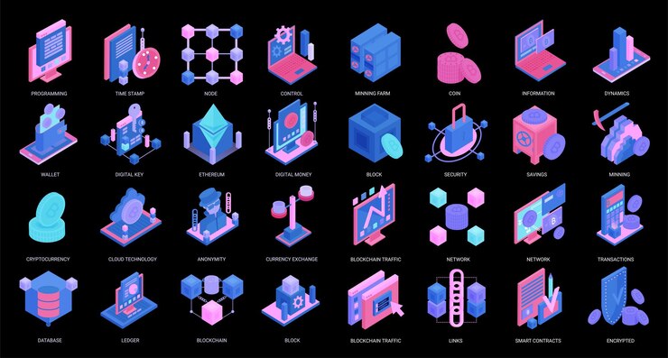 Vector blockchain crypto currency isometric vector illustration set