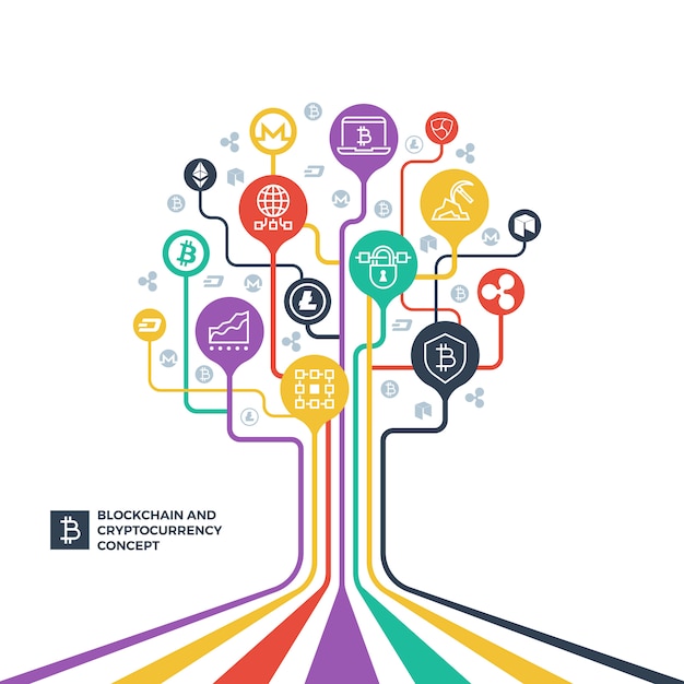 Blockchain, crittografia di criptovaluta e concetto di vettore di distribuzione dei dati