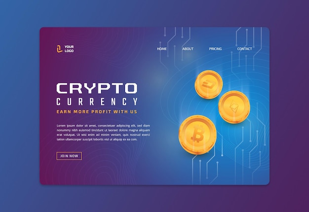 Vector blockchain cryptocurrency responsieve bestemmingspagina met realistische isometrische vectorillustratie. futuristisch crypto-valuta website-ontwerp voor digitale markt.